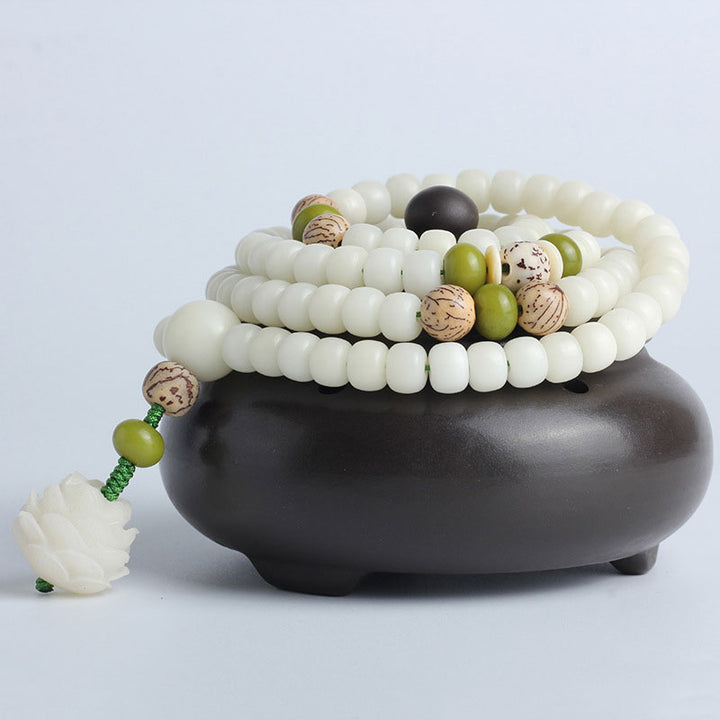 Collana con bracciale in giada bianca Bodhi Lotus Mala Harmony Buddha Stones