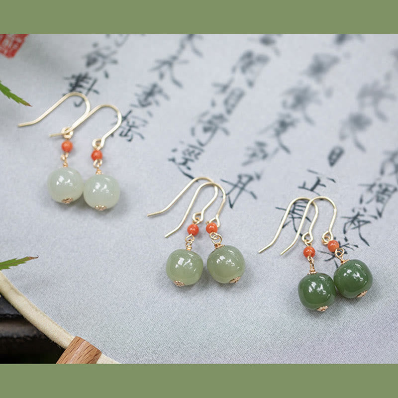 Orecchini pendenti con ciondolo a forma di goccia Buddha Stones in argento sterling 925 placcato oro 14K, giada di Hetian, agata rossa e portafortuna