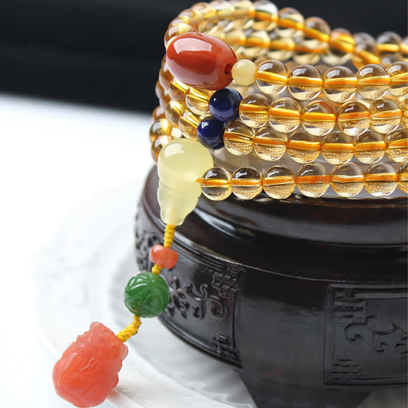Braccialetto con ciondolo di protezione PiXiu, 108 perle di Mala, ambra citrino naturale, fibbia della pace, agata rossa - image 20