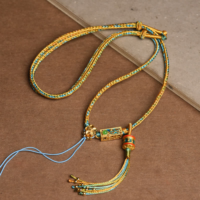 Collana con ciondolo in rame colorato con Buddha Stones e corda di ricchezza