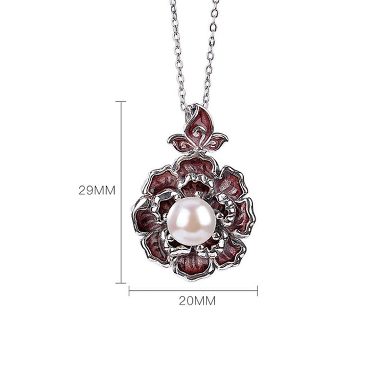 Collana con ciondolo in argento sterling 999 con perle e peonia, Buddha Stones