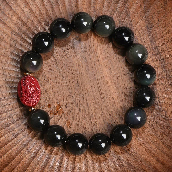 Buddha Stones Zodiaco cinese Buddha natale Ossidiana nera naturale Braccialetto di purificazione Cinabro
