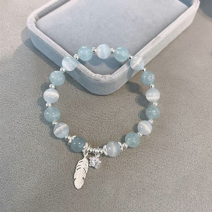 Bracciale con ciondolo a forma di stella di piuma con occhio di gatto e acquamarina in argento sterling 925 Buddha Stones