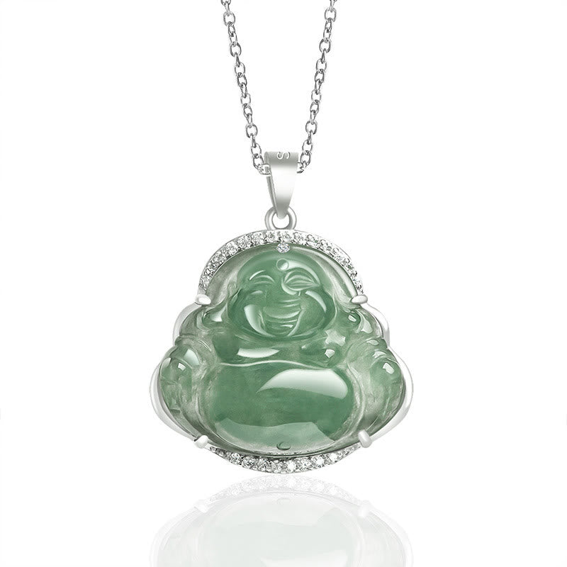 Collana con Buddha Stones in argento sterling 925 con ciondolo a forma di Buddha che ride, giada naturale, fortuna e prosperità - Buddha che ride (Felicità♥Ricchezza) - image 1