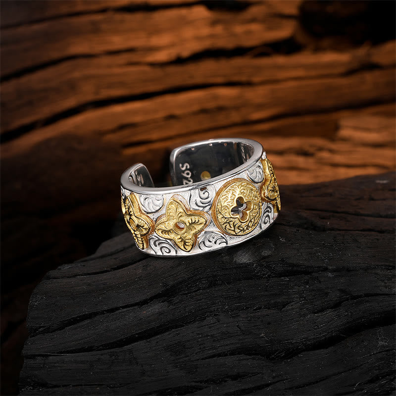 Anello portafortuna con motivo floreale della dinastia Tang in argento sterling 925 Buddha Stones