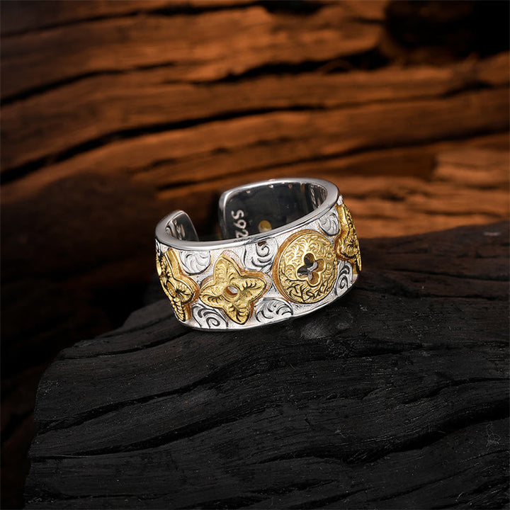 Anello portafortuna con motivo floreale della dinastia Tang in argento sterling 925 Buddha Stones