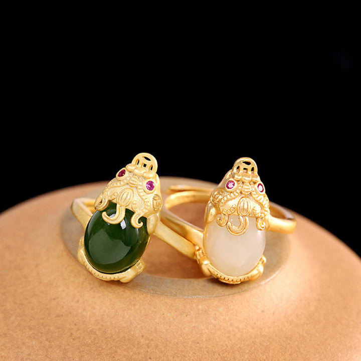 Anello di ricchezza in giada Pixiu placcato oro 18k Buddha Stones