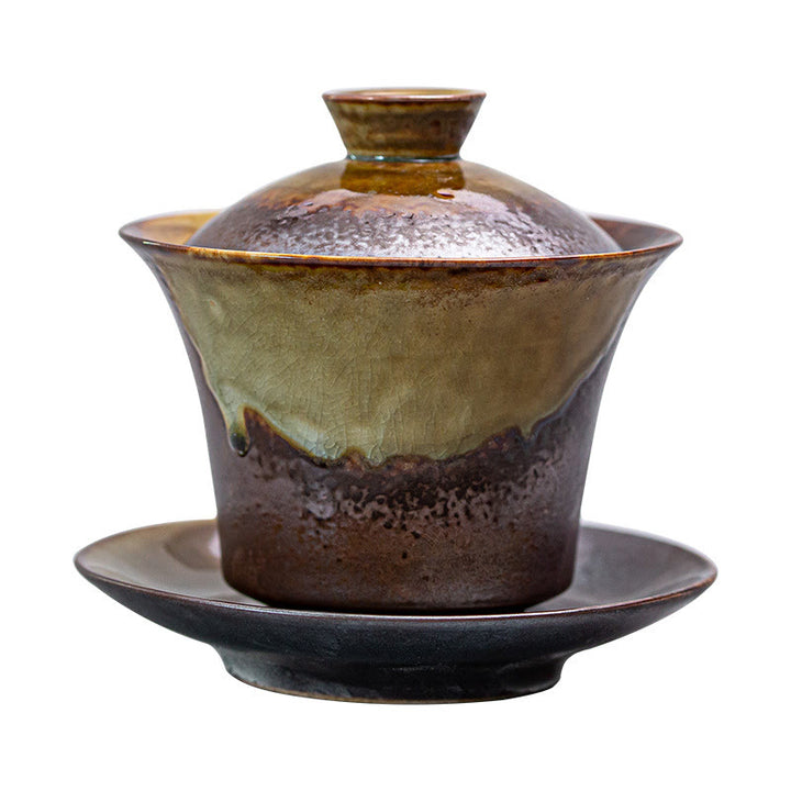 Buddha Stones Vintage Brown Kiln Change Design Porcellana Ceramica Gaiwan Sancai Tazza da tè Kung Fu Tazza da tè e piattino con coperchio
