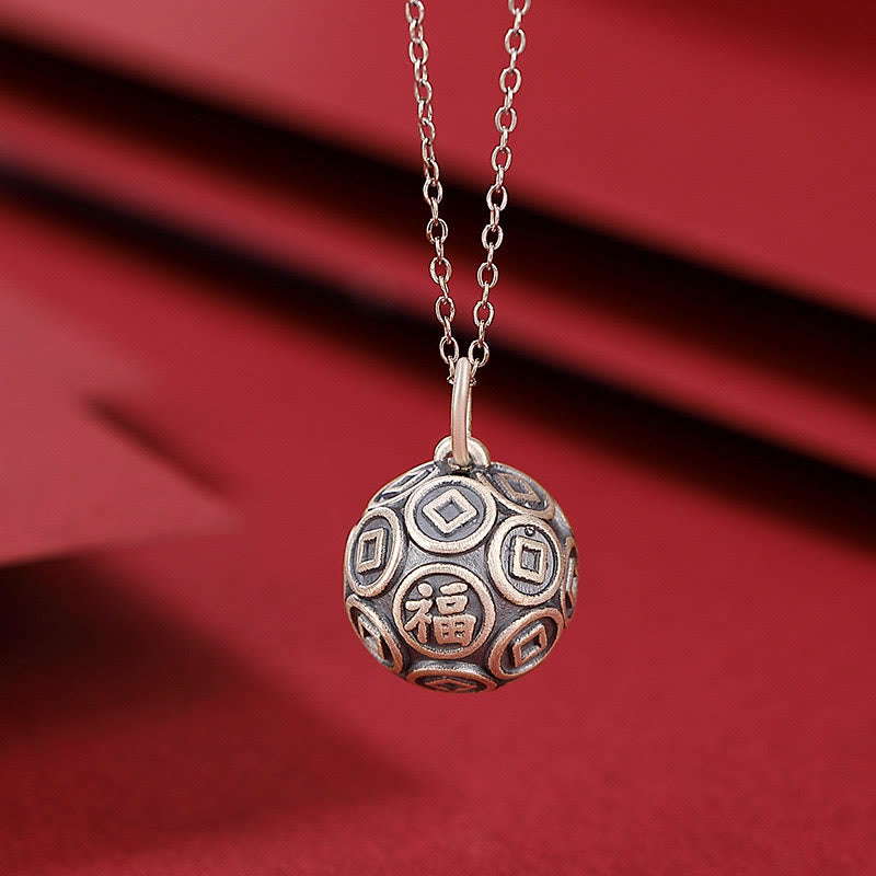 Collana con ciondolo a forma di moneta in rame con ciondolo a forma di catena con ciondolo a forma di moneta in argento sterling 990 Fu Character Buddha Stones