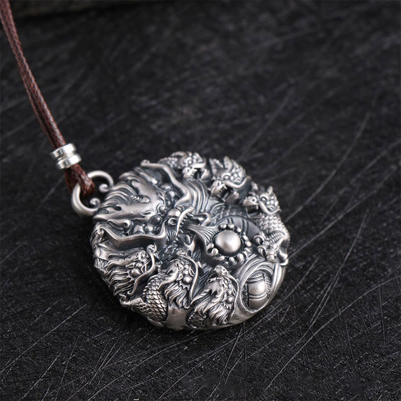 Buddha Stones 999 Sterling Silver Nove Draghi Che Giocano Con Una Perla Collana Pendente Protezione Fortuna
