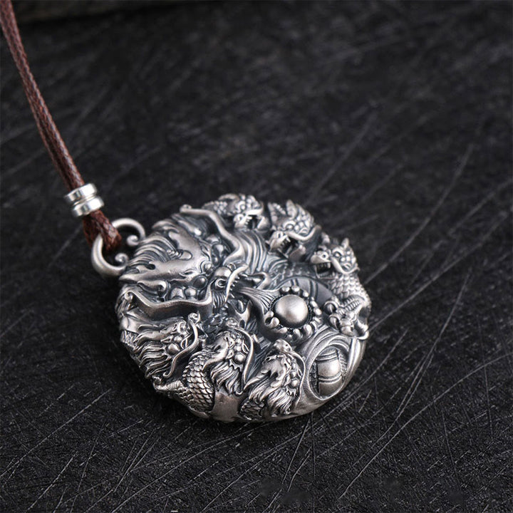 Buddha Stones 999 Sterling Silver Nove Draghi Che Giocano Con Una Perla Collana Pendente Protezione Fortuna