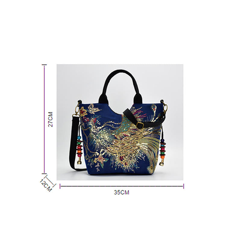 Borsa a tracolla con ricamo a doppia faccia con Buddha Stones e pavone