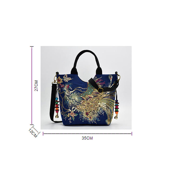 Borsa a tracolla con ricamo a doppia faccia con Buddha Stones e pavone