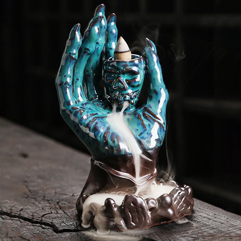 Buddha Stones Halloween Fantasma Mano Teschio Testa Ceramica Pace Guarigione Bruciatore di Incenso Decorazione