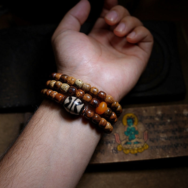 Buddha Stones Semi di Bodhi Tibetano Ambra Perline Dzi Agata Zakiram Dea della Ricchezza Perline Bracciale Triplo Avvolgimento
