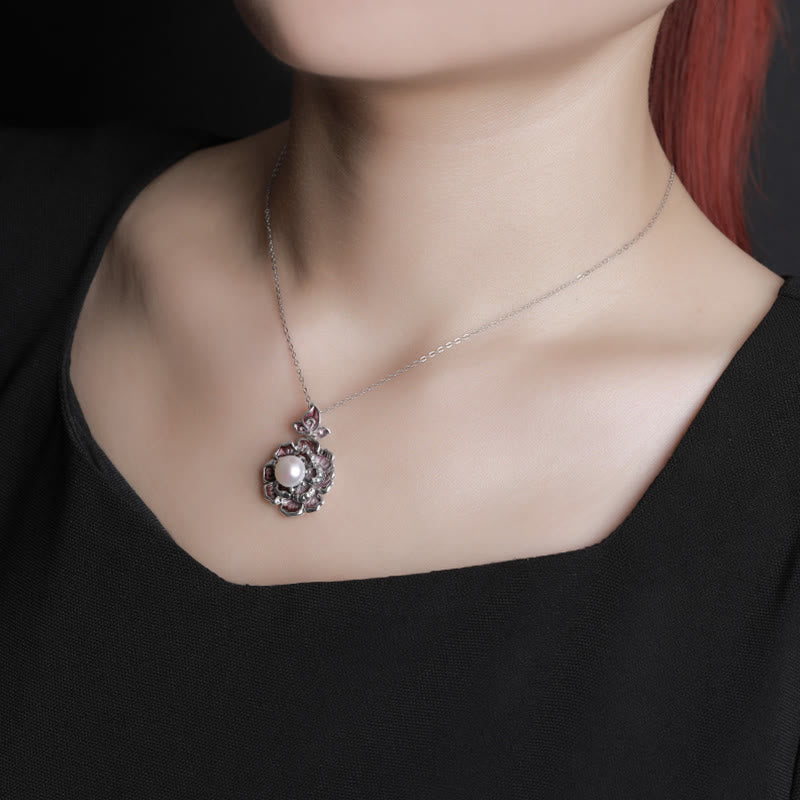 Collana con ciondolo in argento sterling 999 con perle e peonia, Buddha Stones