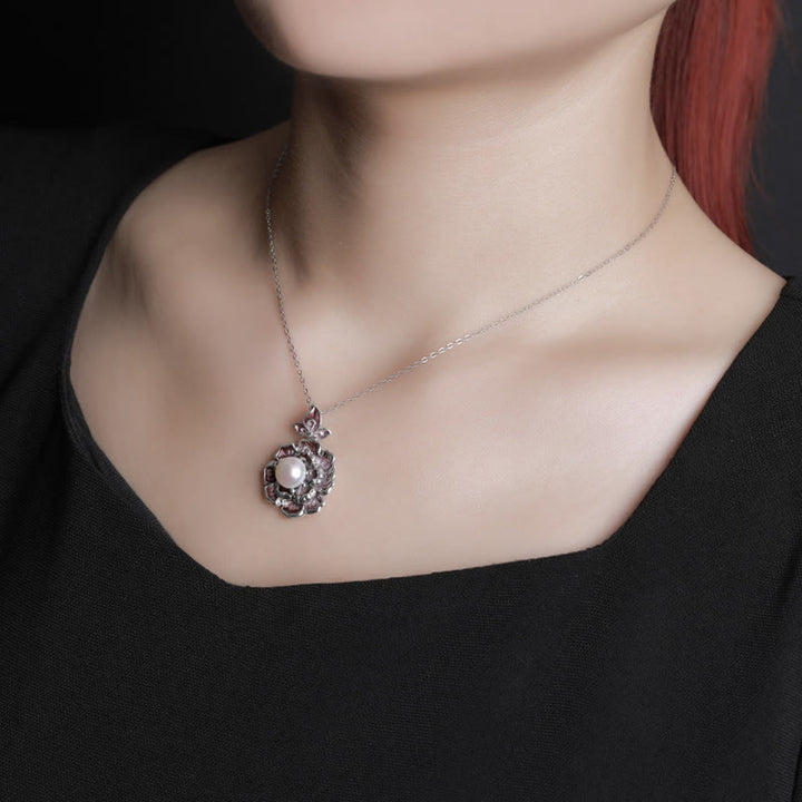 Collana con ciondolo in argento sterling 999 con perle e peonia, Buddha Stones