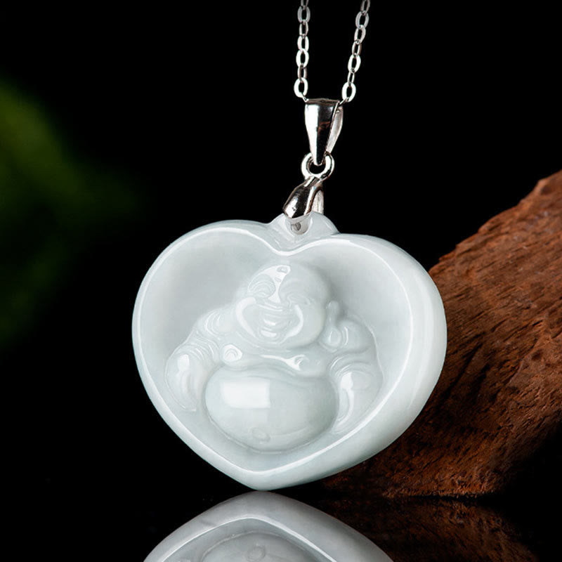 Collana con ciondolo Buddha Stones in argento sterling 925 con Buddha che ride, giada bianca, fortuna e benedizione - image 2