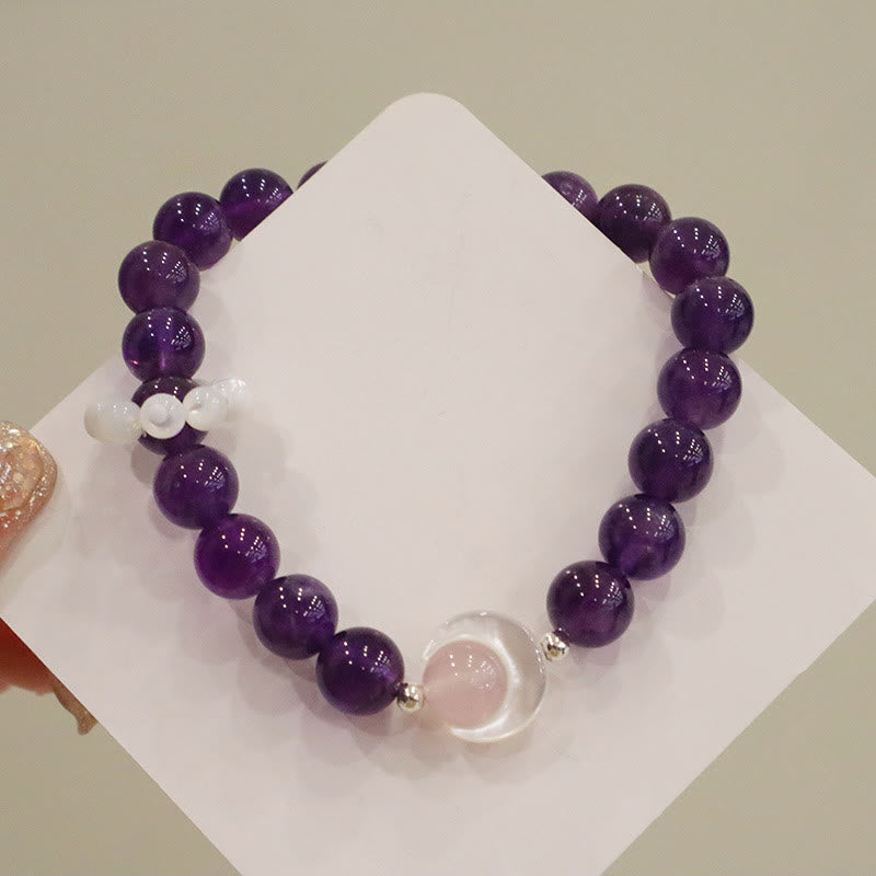 Braccialetto di Buddha Stones in argento sterling 925 con ametista naturale, acquamarina, cristallo rosa, occhio di gatto, guarigione, luna crescente