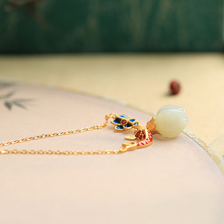 Collana con ciondolo di protezione in argento sterling 925 con pesce koi in giada bianca e Buddha Stones - image 8