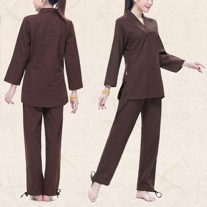 Buddha Stones Zen Pratica Yoga Meditazione Preghiera Scollo a V Design Uniforme Cotone Lino Abbigliamento Donna Set - image 12
