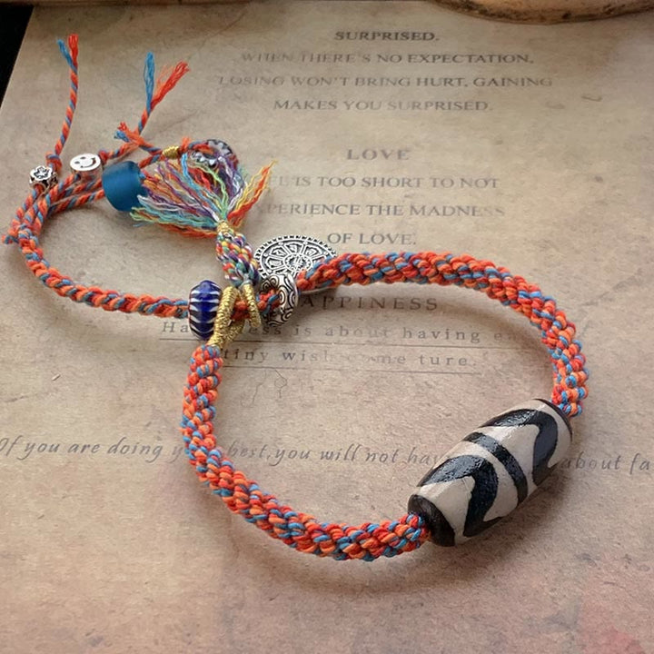 Braccialetto di protezione intrecciato con perline Dzi fatte a mano in argento sterling 925 tibetano Om Mani Padme Hum