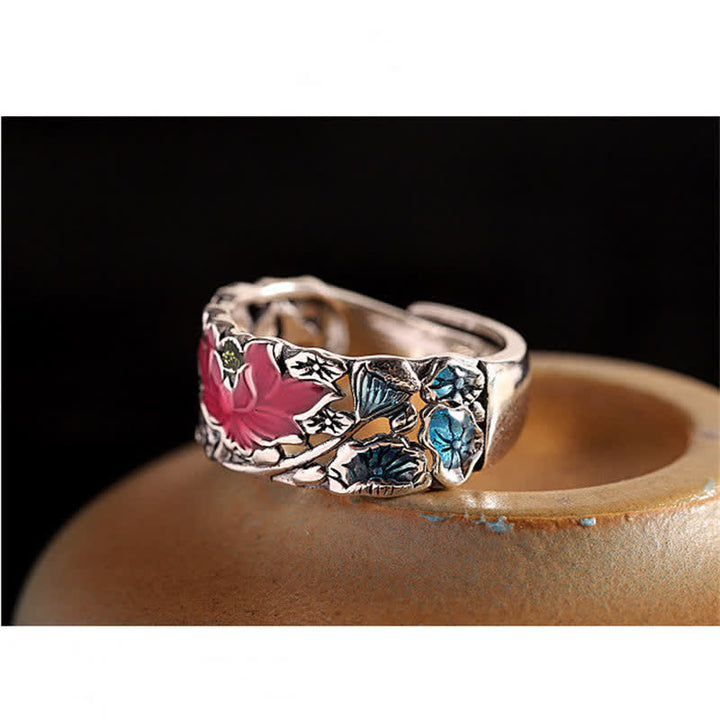 Anello Buddha Stones 925 Sterling Silver Lotus Koi Fish Enlightenment