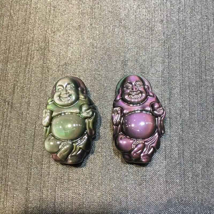 Collana con ciondolo Buddha che ride in ossidiana arcobaleno naturale con pace interiore - image 11