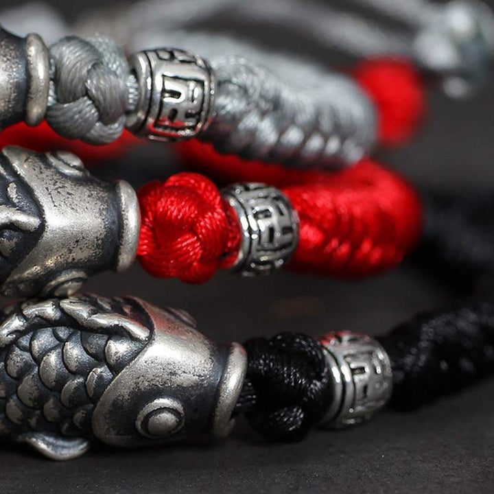 Braccialetto intrecciato con corda in argento Buddha Stones Luck Koi Fish