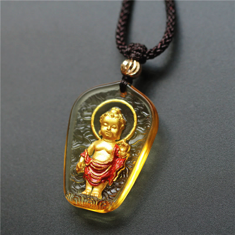 Buddha Stones Buddha tibetano Liuli Cristallo Serenity Collana Pendente - Buddha Kasaya giallo - image 1