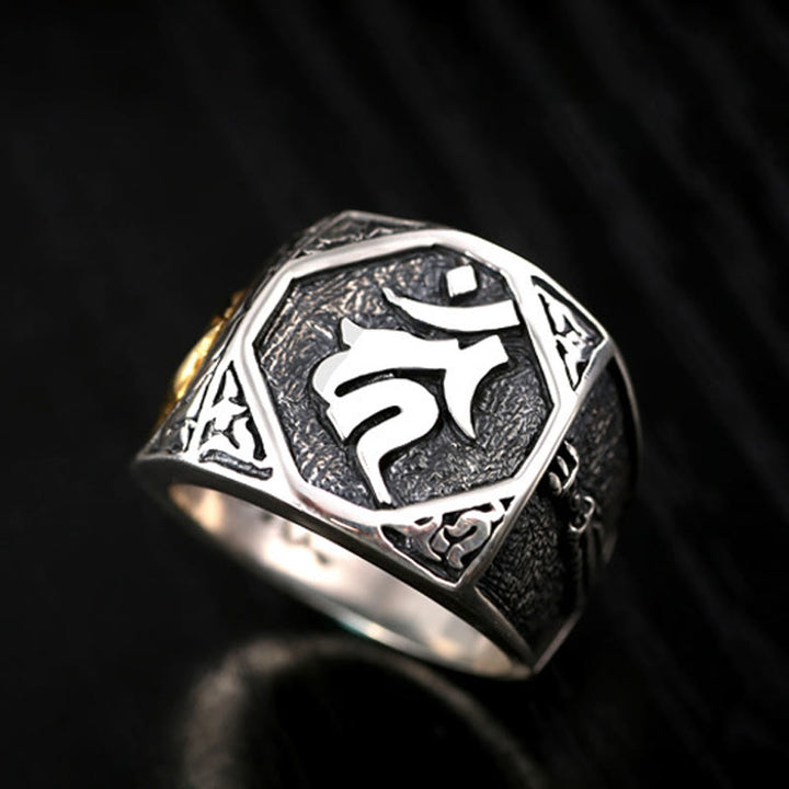 Anello regolabile con protezione intagliata in argento sterling 925 con design sanscrito Buddha Stones