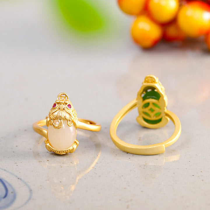 Anello di ricchezza in giada Pixiu placcato oro 18k Buddha Stones