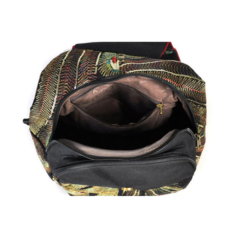 Zaino in tela con nappa e ricamo di pavone Buddha Stones