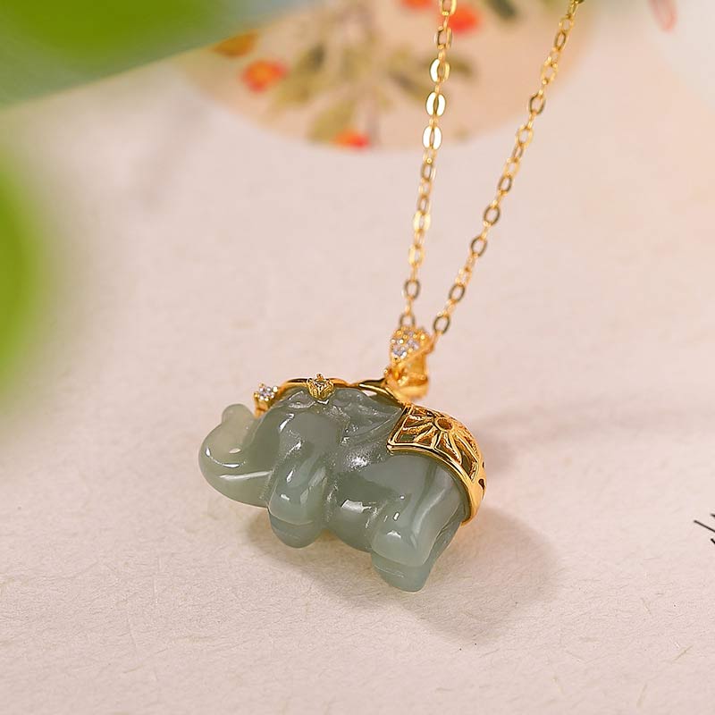 Collana con ciondolo a forma di elefante in argento sterling 925 con Buddha Stones e giada, benedizione e fortuna