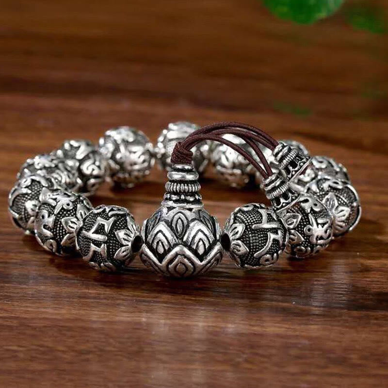 Braccialetto amuleto con perline in lega intagliata , Buddha Stones tibetane Om Mani Padme Hum