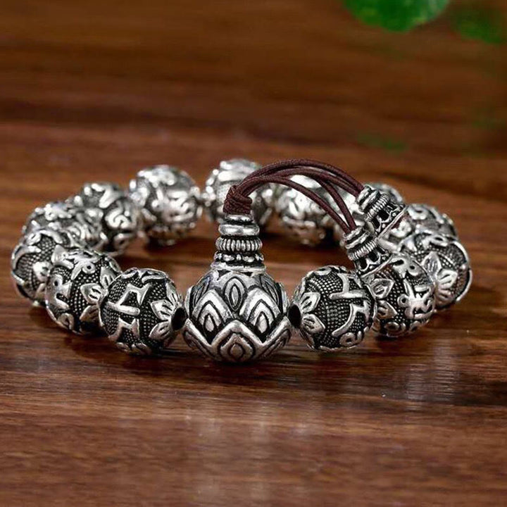 Braccialetto amuleto con perline in lega intagliata , Buddha Stones tibetane Om Mani Padme Hum