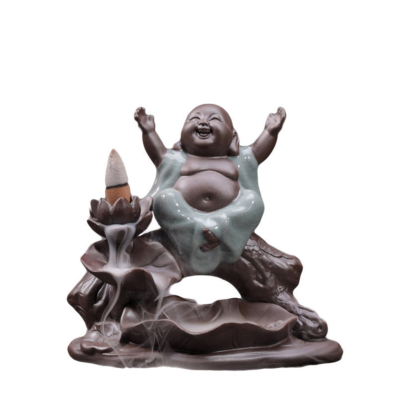 Buddha Stones Piccolo Monaco Ceramica Loto Benedizione Bruciatore Incenso Decorazione