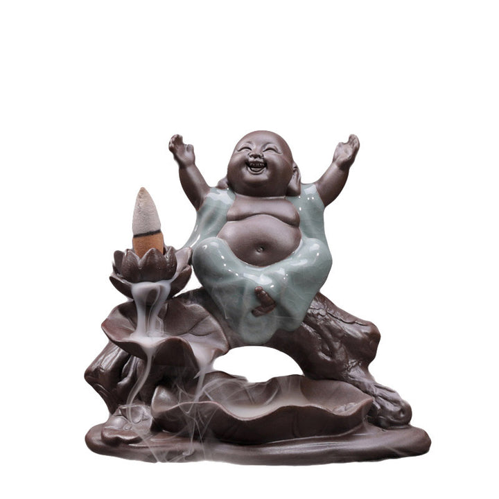 Buddha Stones Piccolo Monaco Ceramica Loto Benedizione Bruciatore Incenso Decorazione