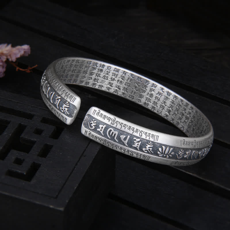 Buddha Stones 999 Sterling Silver Om Mani Padme Hum Cuore Sutra Lotus Peace Bracciale Bangle