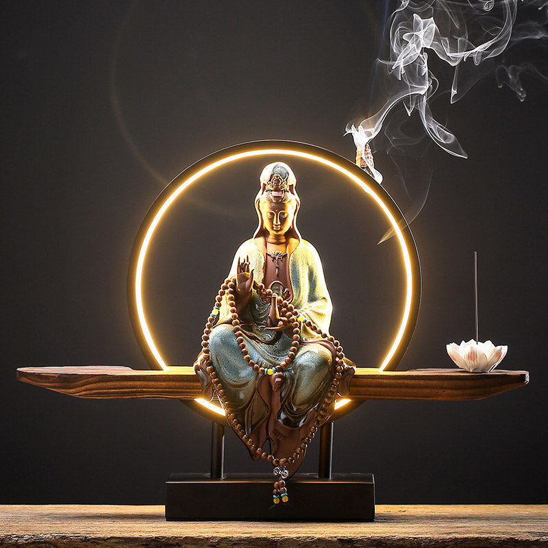 Buddha Stones Buddha Avalokitesvara Ceramica Loto Rilassamento Bruciatore di Incenso Decorazione