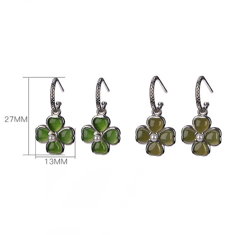 Orecchini Buddha Stones in argento sterling 925 con giada ciano naturale e quadrifoglio, fortuna e successo