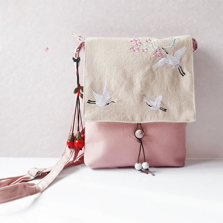 Borsa a tracolla in tela con fiori di prugna ricamati a mano , Buddha Stones, borsa a tracolla