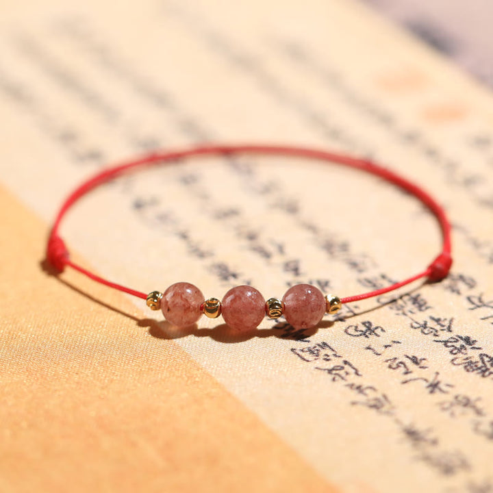 Buddha Stones Natural Strawberry Quartz Crystal Love Braccialetto intrecciato con corda rossa alla caviglia