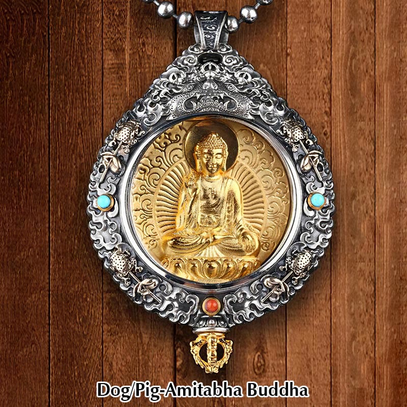 Buddha Stones Zodiaco cinese Buddha natale Thangka Nove palazzi Otto diagrammi Ricchezza Collana girevole Ciondolo - Cane/Maiale-Buddha Amitabha - image 11
