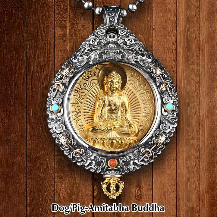 Buddha Stones Zodiaco cinese Buddha natale Thangka Nove palazzi Otto diagrammi Ricchezza Collana girevole Ciondolo - Cane/Maiale-Buddha Amitabha - image 11