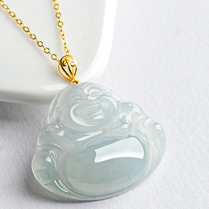 Collana con ciondolo Buddha ridente in giada naturale e oro 18 carati con abbondanza - image 5
