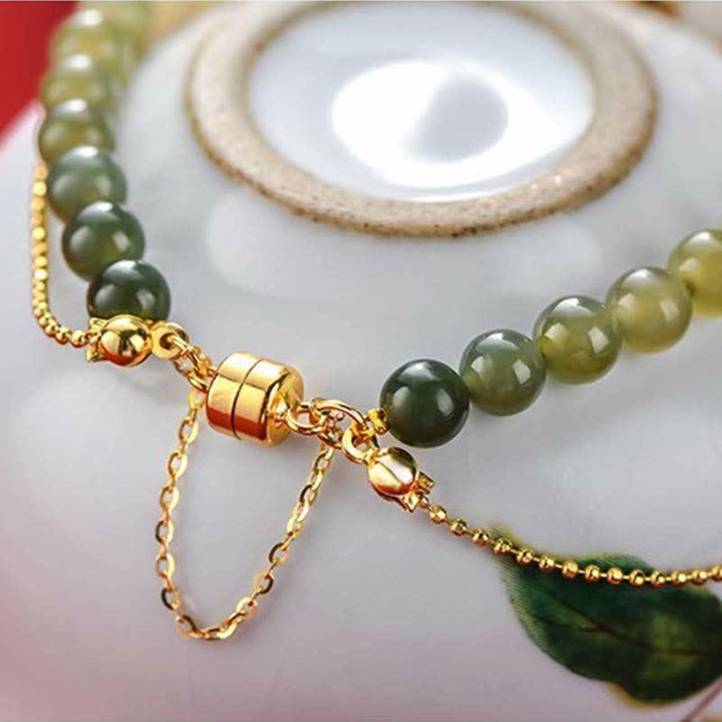 Bracciale Buddha Stones in argento sterling 925 con giada naturale Hetian e fiori di pesco