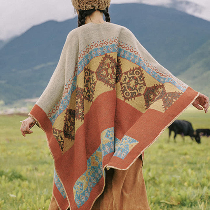 Scialle tibetano con motivo a diamante Buddha Stones, caldo mantello invernale