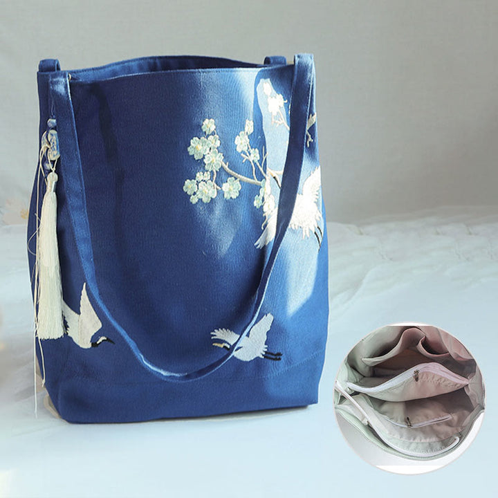 Buddha Stones Flower Crane Plum Blossom Ricamo Tela Grande Capacità Borsa a Tracolla Tote Bag