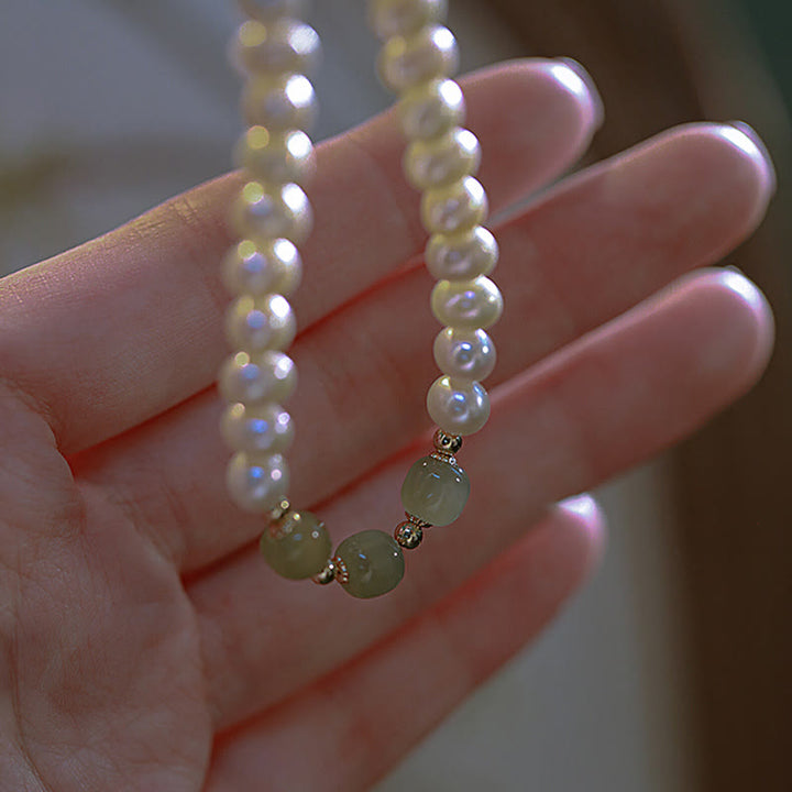 Braccialetto a catena con perle di sincerità in giada bianca e giada ciano di Hetian, placcato in oro 14K